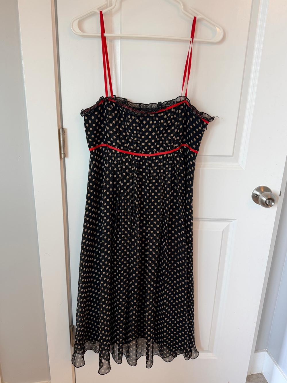 Signature by Robbie Bee SILK Black Dress with Cream Polka Dots and Red Trim